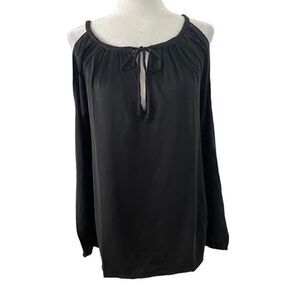 Chaser Black Peasant Blouse Tie Neckline Cold Shoulder Long Sleeve Shirt M NEW